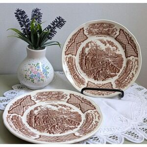 Set of 2 Alfred Meakin Fair Winds Dinner Plates, Brown Transferware